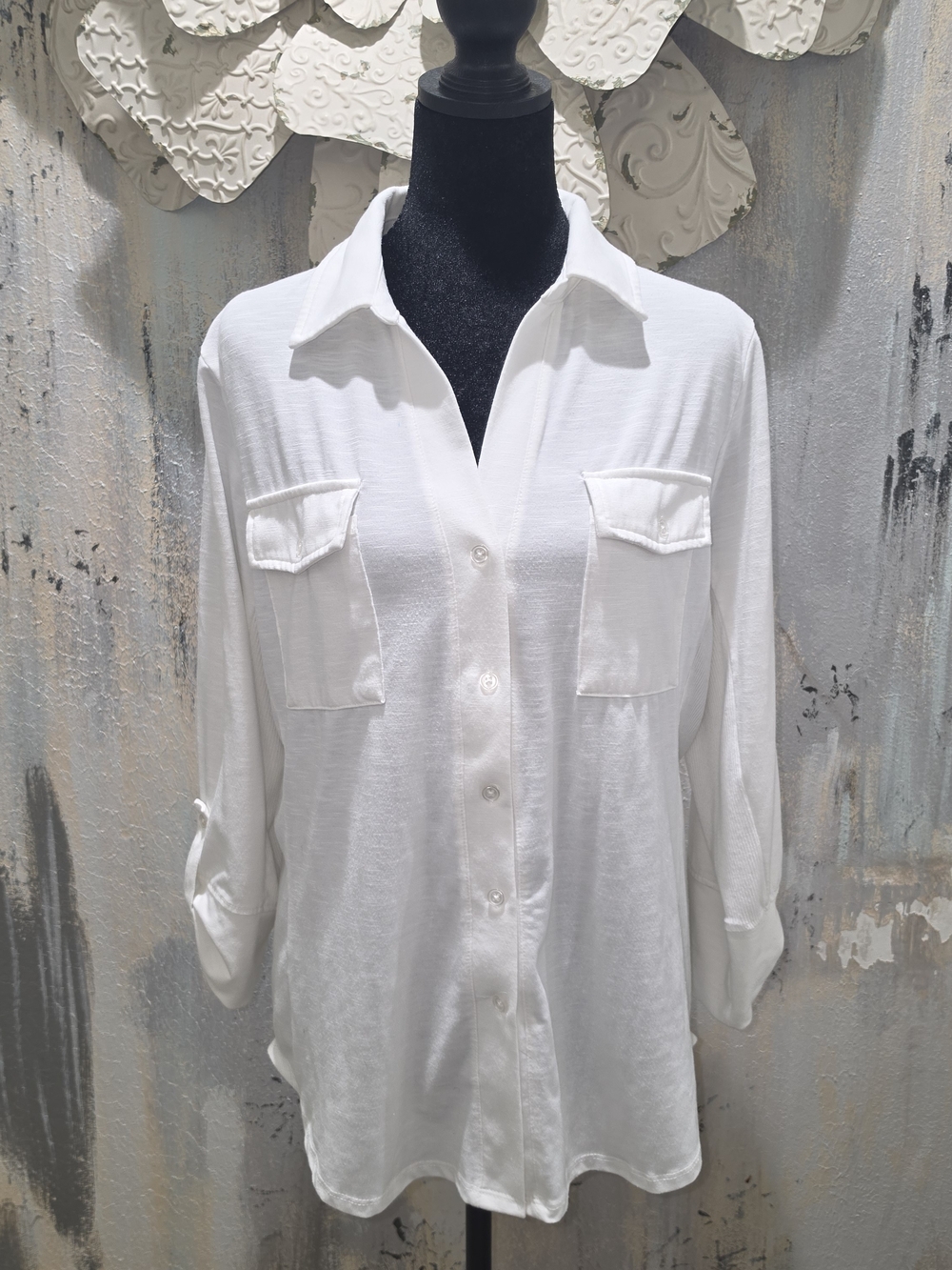 Mesh + Lace Classic White Button-Down Shirt w/ Chest Pockets Business Or Casual